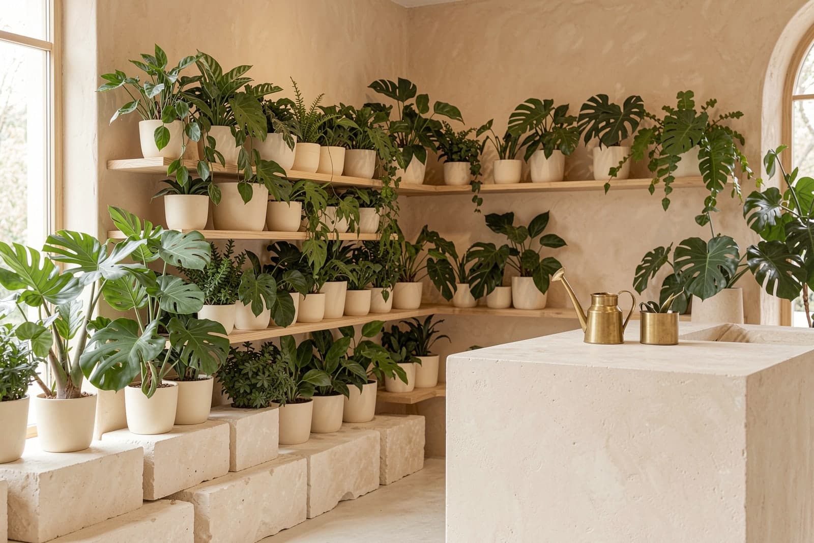 Shelves of potted plants and a stone counter with a brass watering can in a bright plant shop.