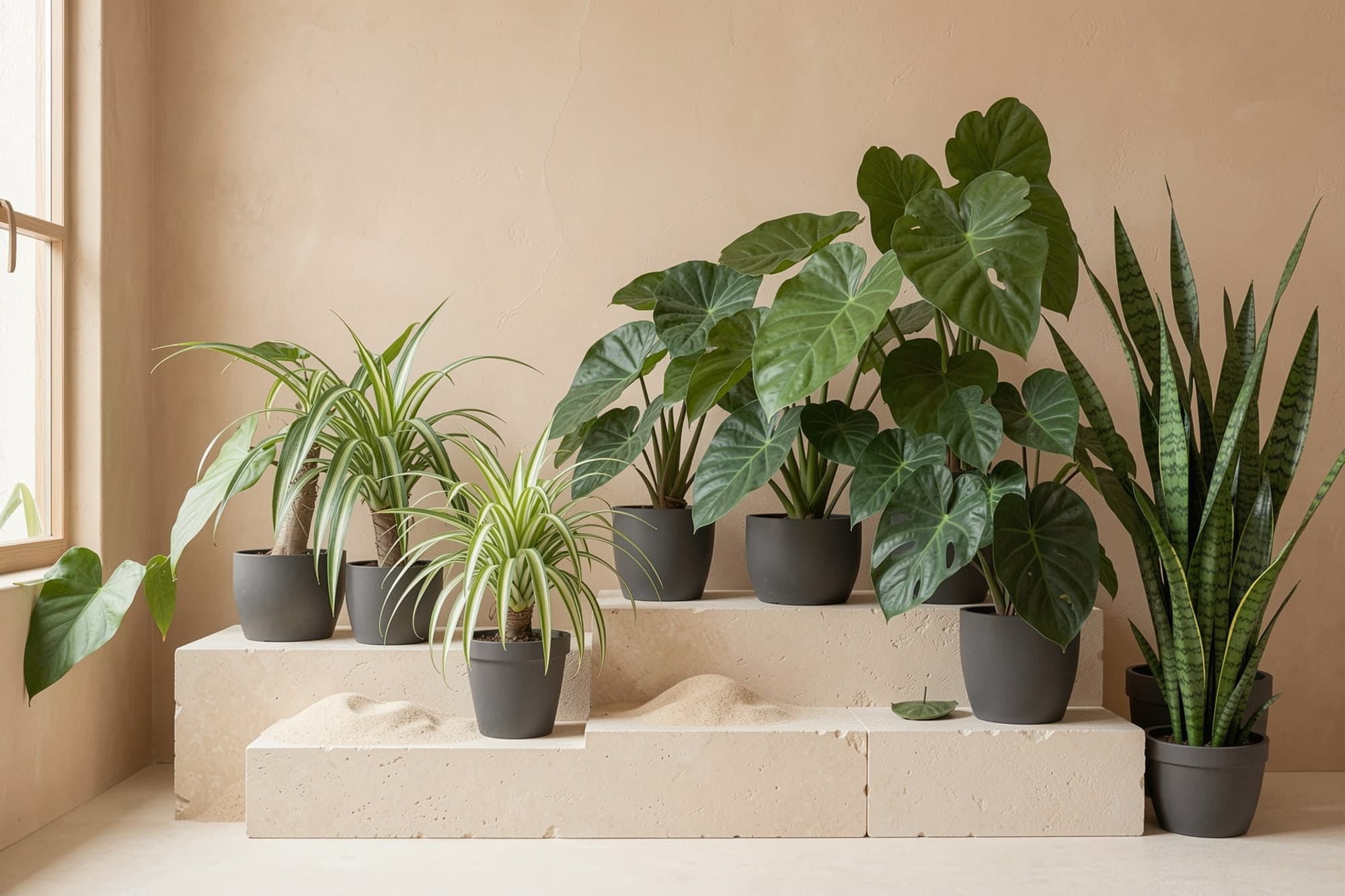 Spider plants, a calathea and snake plants in charcoal pots on stepped stone plinths.