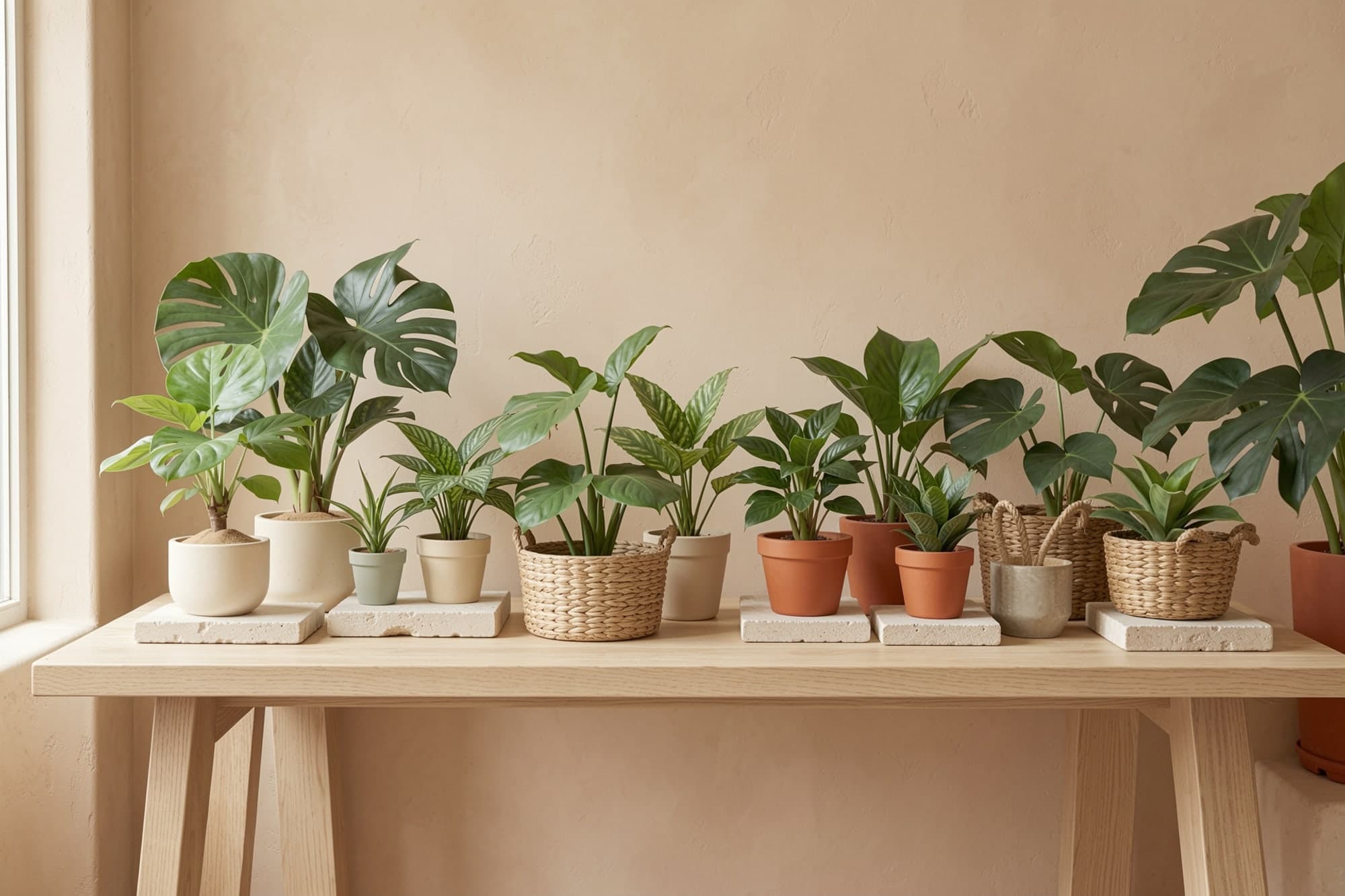 Small houseplants in cream, sage and terracotta pots and woven baskets on an oak table.