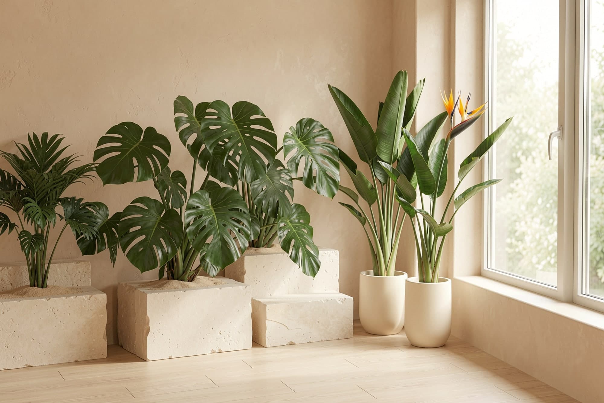 A monstera and a bird of paradise in cream floor pots beside a bright window.